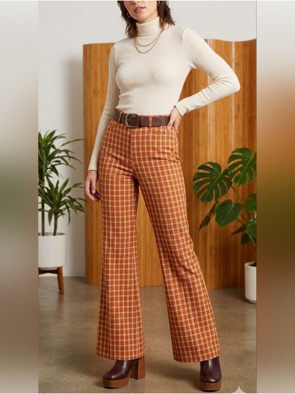 Versona Modern Bootcut Pants Sz: 8 NWT Orange Plaid Hippie 70s Hi Rise